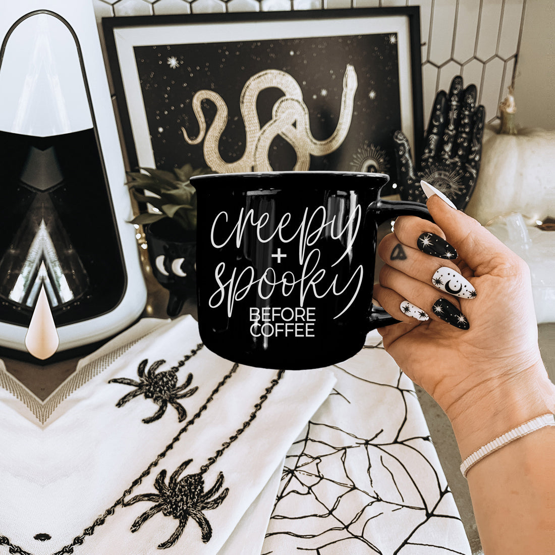 Gothic Coffee Lover Mug Creepy and Spooky Before Coffee Design
Spooky Season Drinkware Collection Black Coffee Mug