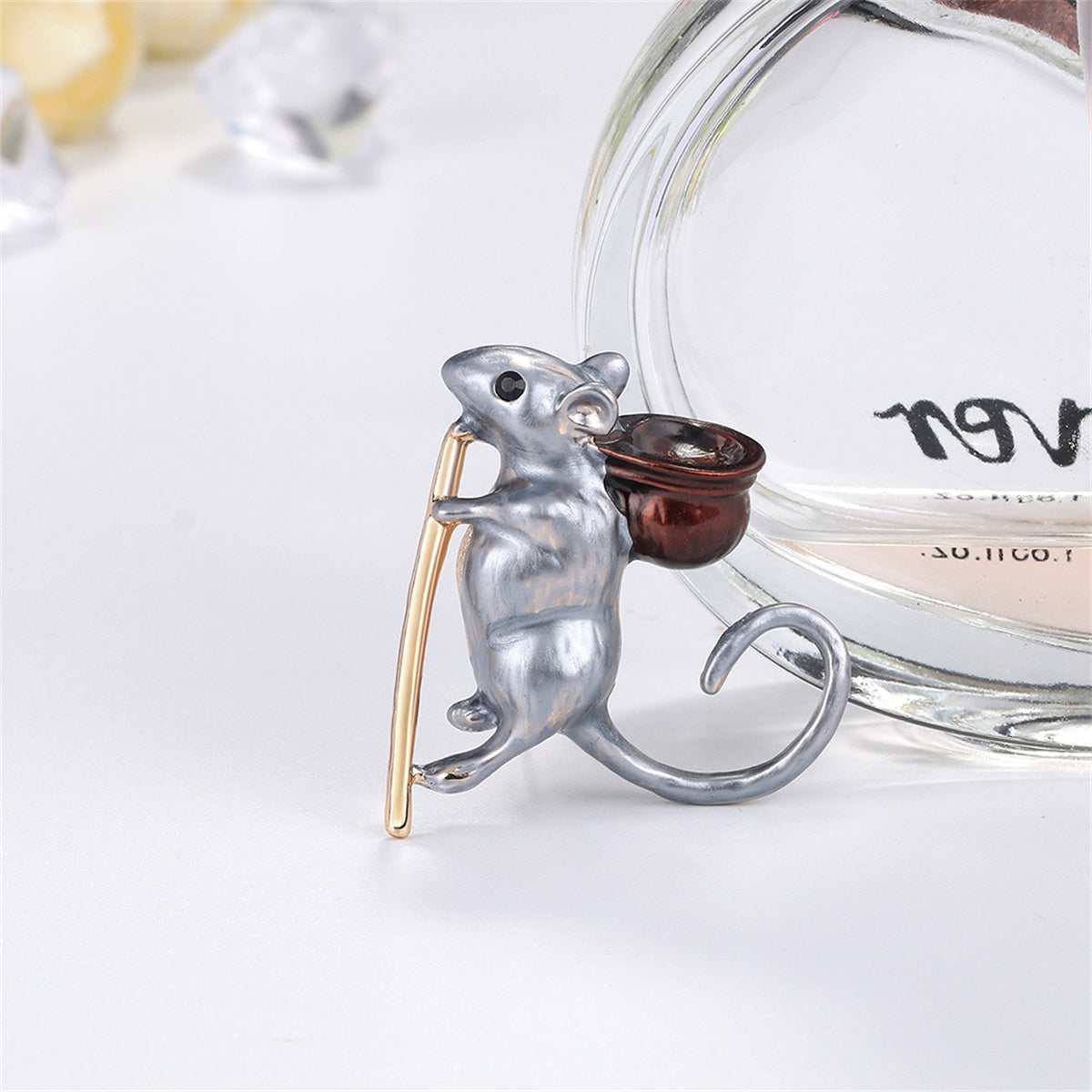 Cubic Zirconia & Enamel Goldtone Mouse Brooch