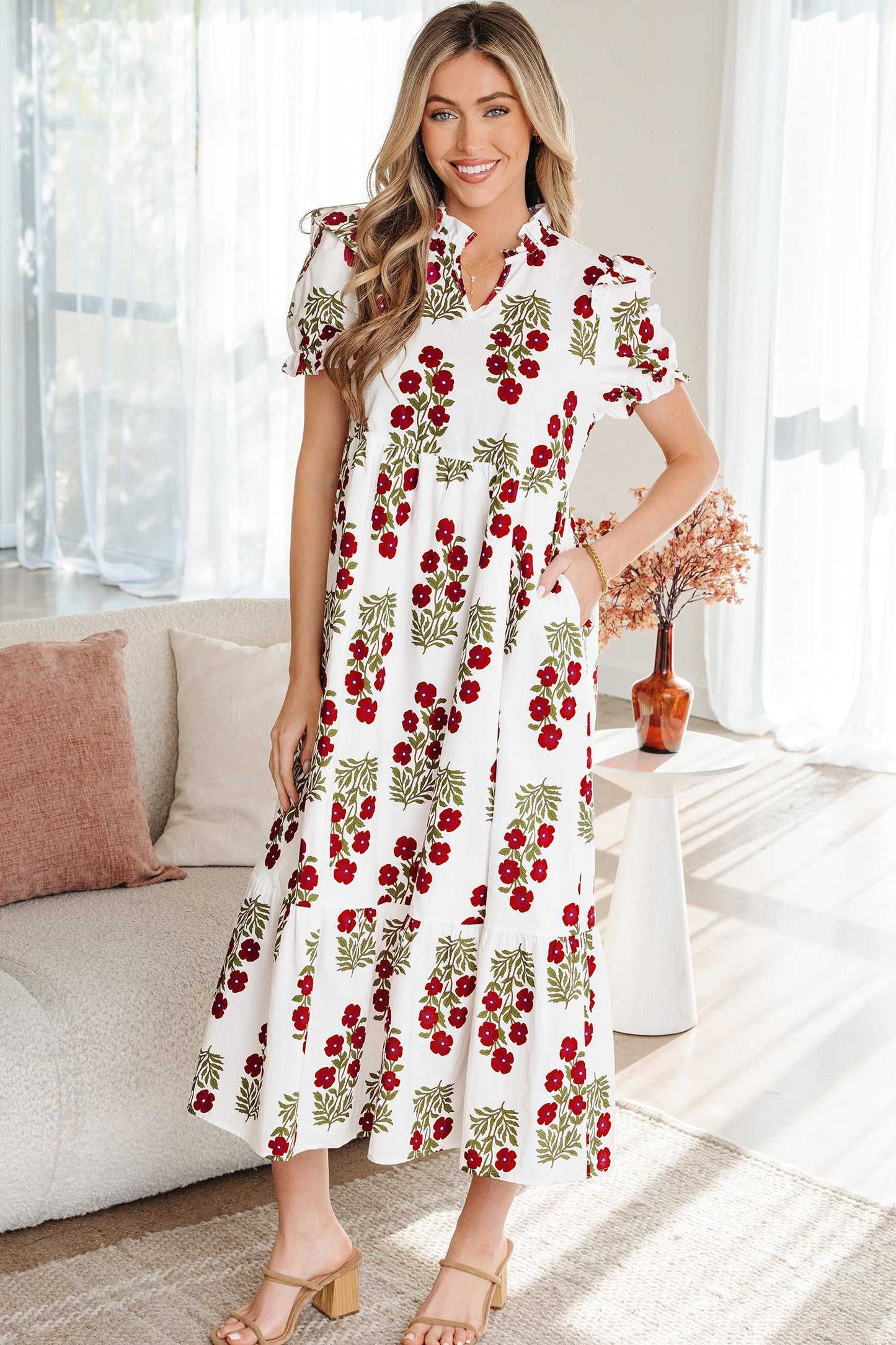 Promise Sleeve Tiered Maxi Dress - Beige / L - 12/14