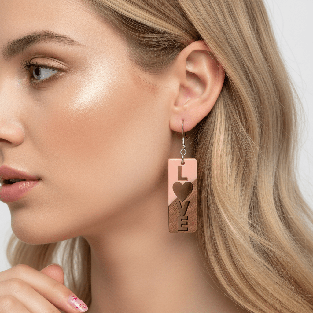 Pink Resin & Wood Silvertone 'Love' Hook Earrings