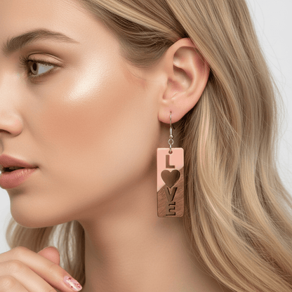 Pink Resin & Wood Silvertone 'Love' Hook Earrings