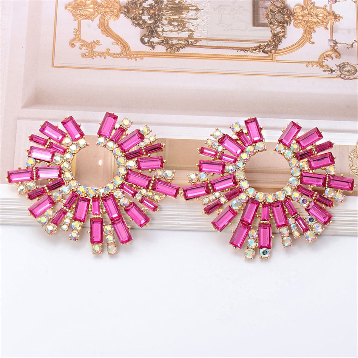Pink Cubic Zirconia & Goldtone Hola Round Stud Earrings