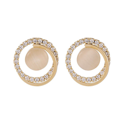 Cats Eye & Clear Cubic Zirconia Goldtone Round Stud Earrings