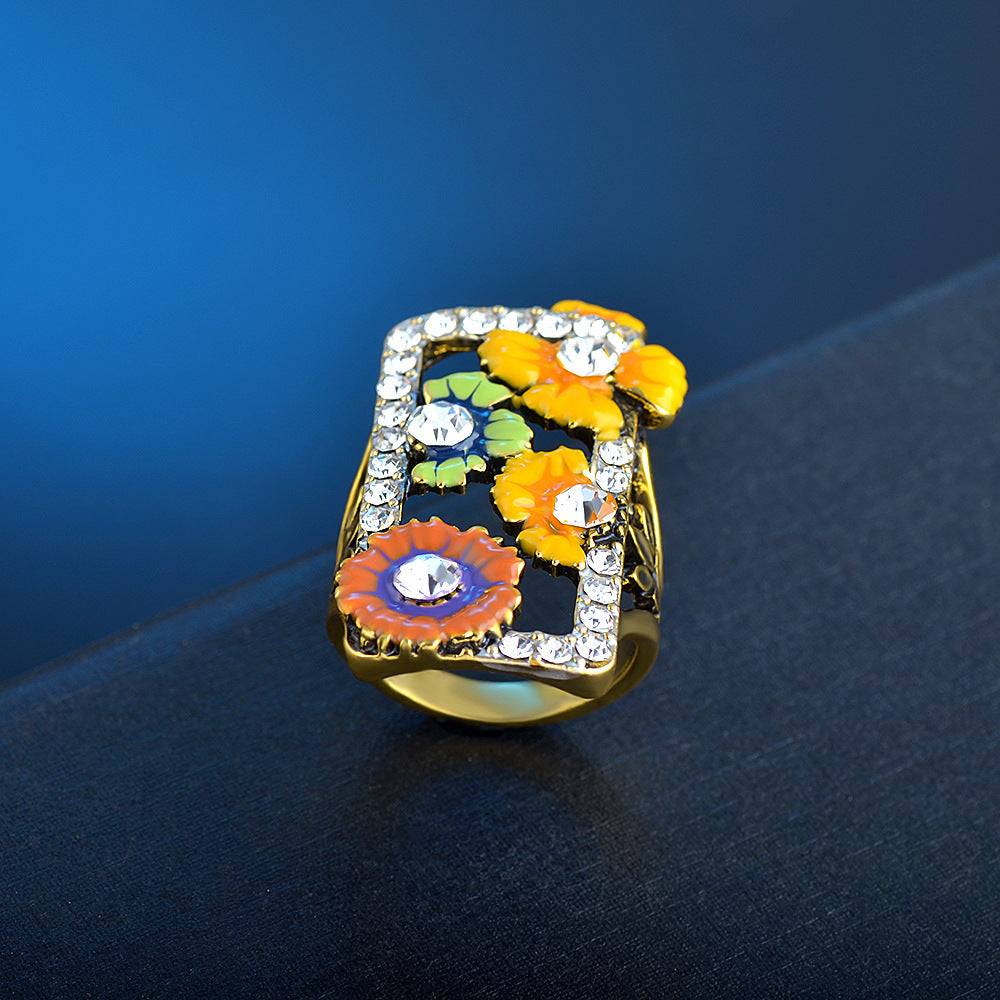 Cubic Zirconia & Enamel Goldtone Floral Rectangle Ring-3