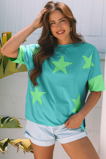 Etta Frayed Denim Star Patched Oversize Top - Smoke Green / S - 4/6