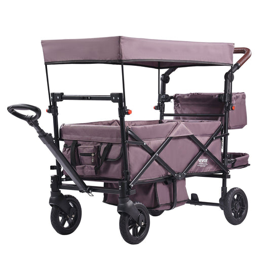 VEVOR Wagon Stroller for 2 Kids, Push Pull Quad Collapsible Stroller with Adjustable Handle, Encircling Harness Removable Canopy,4 Wheels w/ Brakes,Mutifunction Tandem Stroller for Camping Dark Purple - Multicolor