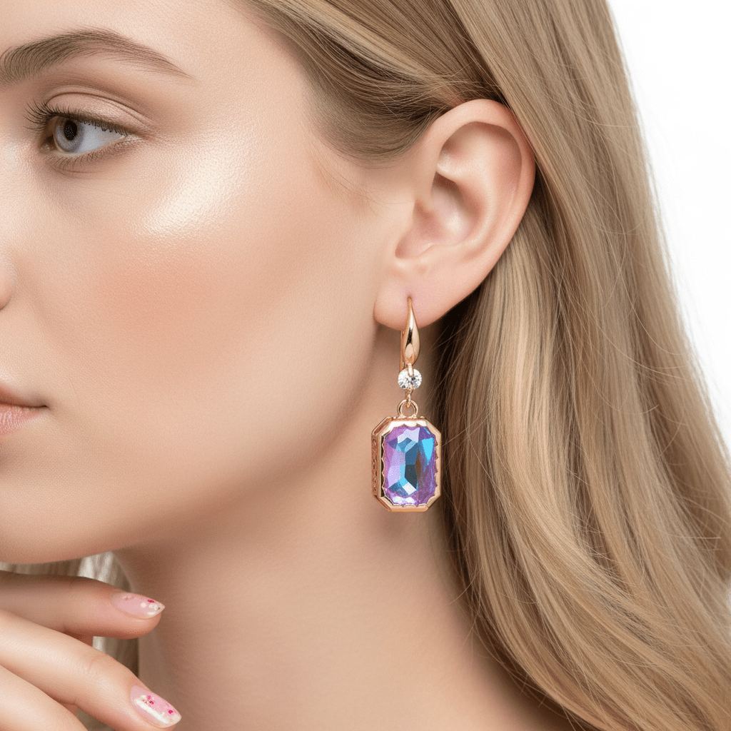 Purple Crystal & Cubic Zirconia Goldtone Cushion-Cut Hook Earrings