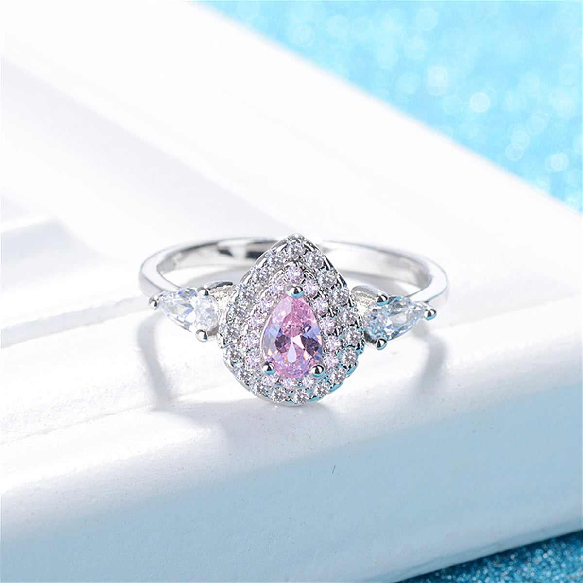 Pink Crystal & Cubic Zirconia Pear-Cut Ring-1