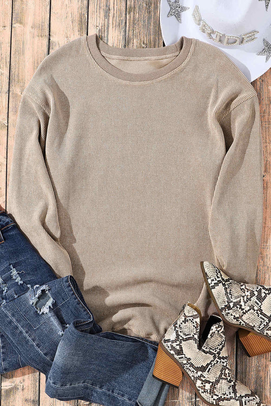 Threaded Pear Faith Solid Ribbed Knit Round Neck Pullover Sweatshirt