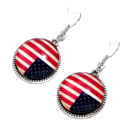 Red Resin & Silvertone American Flag Round Drop Earrings