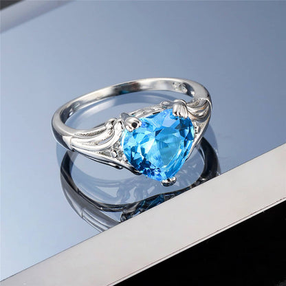 Sea Blue Crystal & Silvertone Heart Ring-1