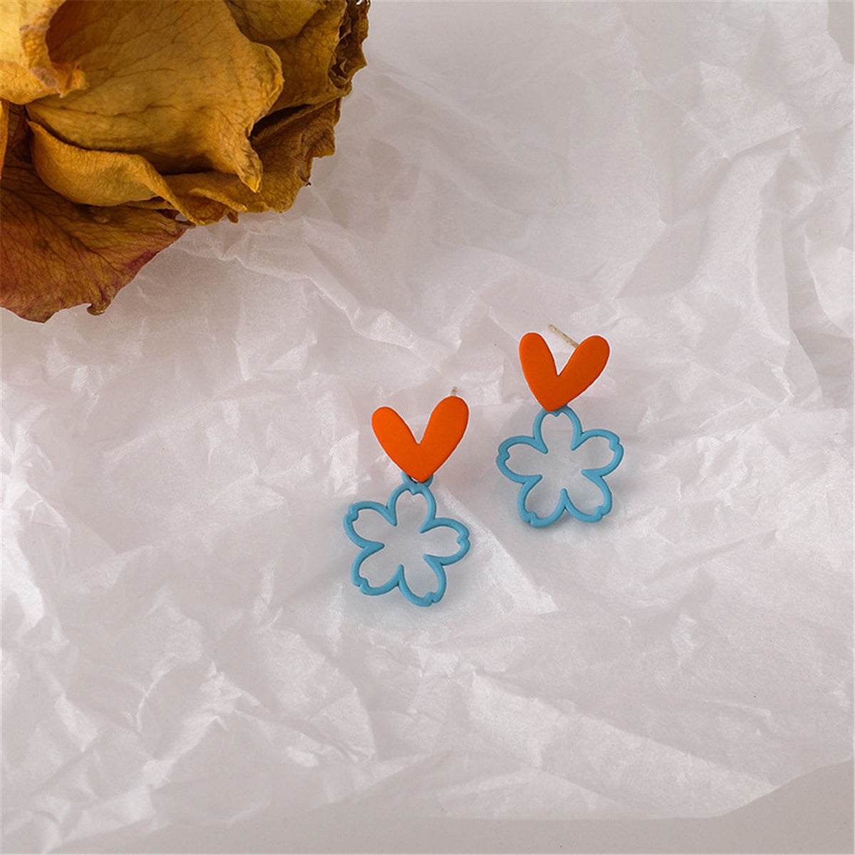 Blue Enamel & Goldtone Heart Flower Drop Earrings