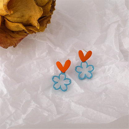 Blue Enamel & Goldtone Heart Flower Drop Earrings