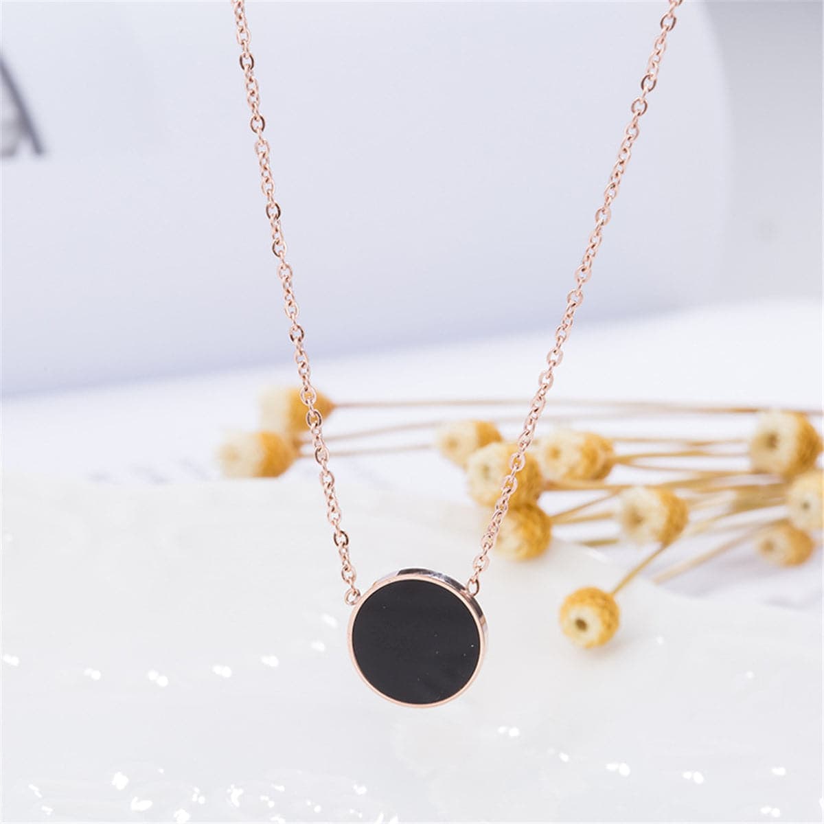 Black & Rose Goldtone Round Pendant Necklace