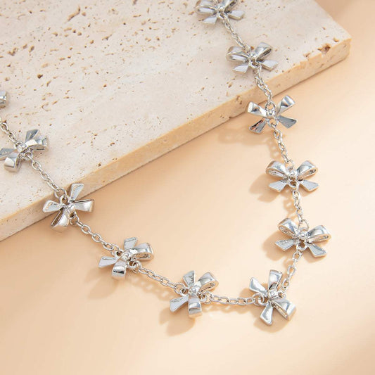 Silvertone Bow Station Lariat Necklace