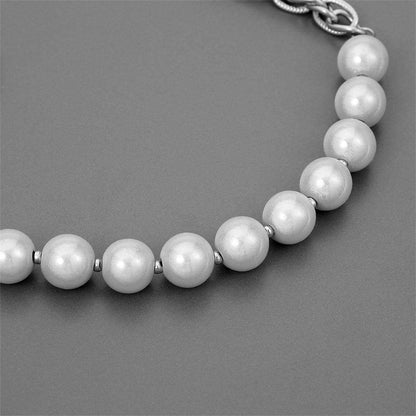 Pearl & Silvertone Curb Chain Necklace