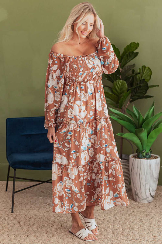 Threaded Pear Willow Floral Shirred Square Neck High Waist Maxi Dress