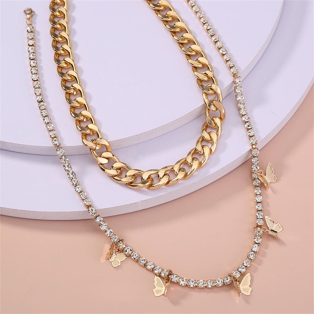 Cubic Zirconia & Goldtone Butterfly Station Necklace Set
