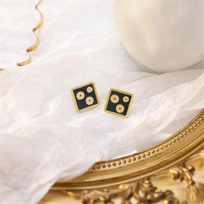 Black Enamel & Goldtone Three Mums Square Stud Earrings