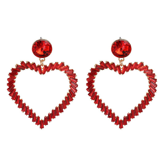 Red Crystal & Goldtone Open Heart Drop Earrings