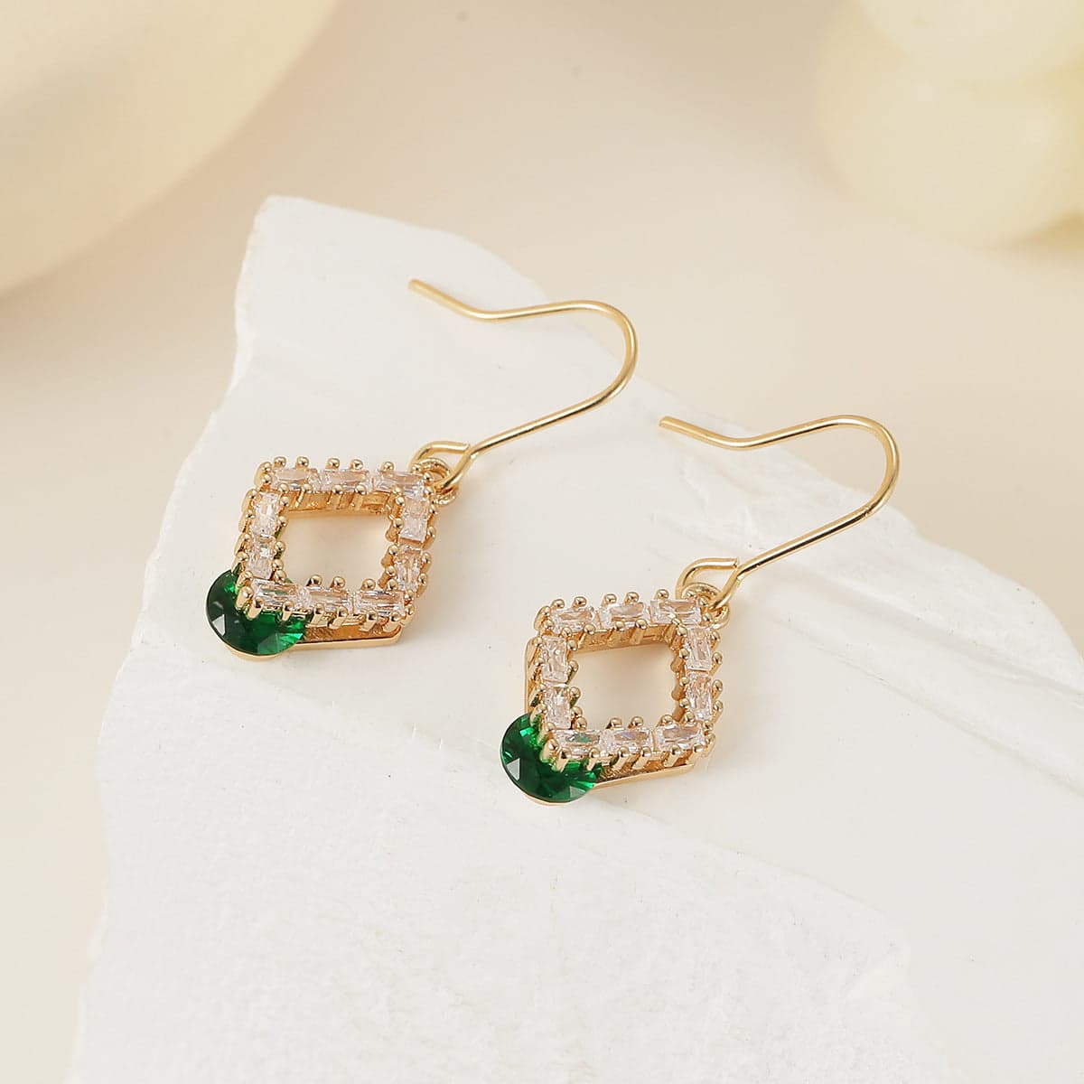 Green Crystal & Cubic Zirconia Goldtone Stacked Rhombus Hook Earrings