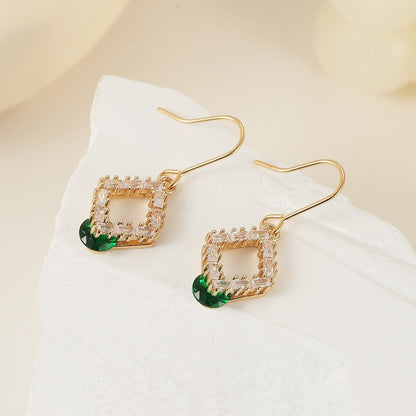 Green Crystal & Cubic Zirconia Goldtone Stacked Rhombus Hook Earrings