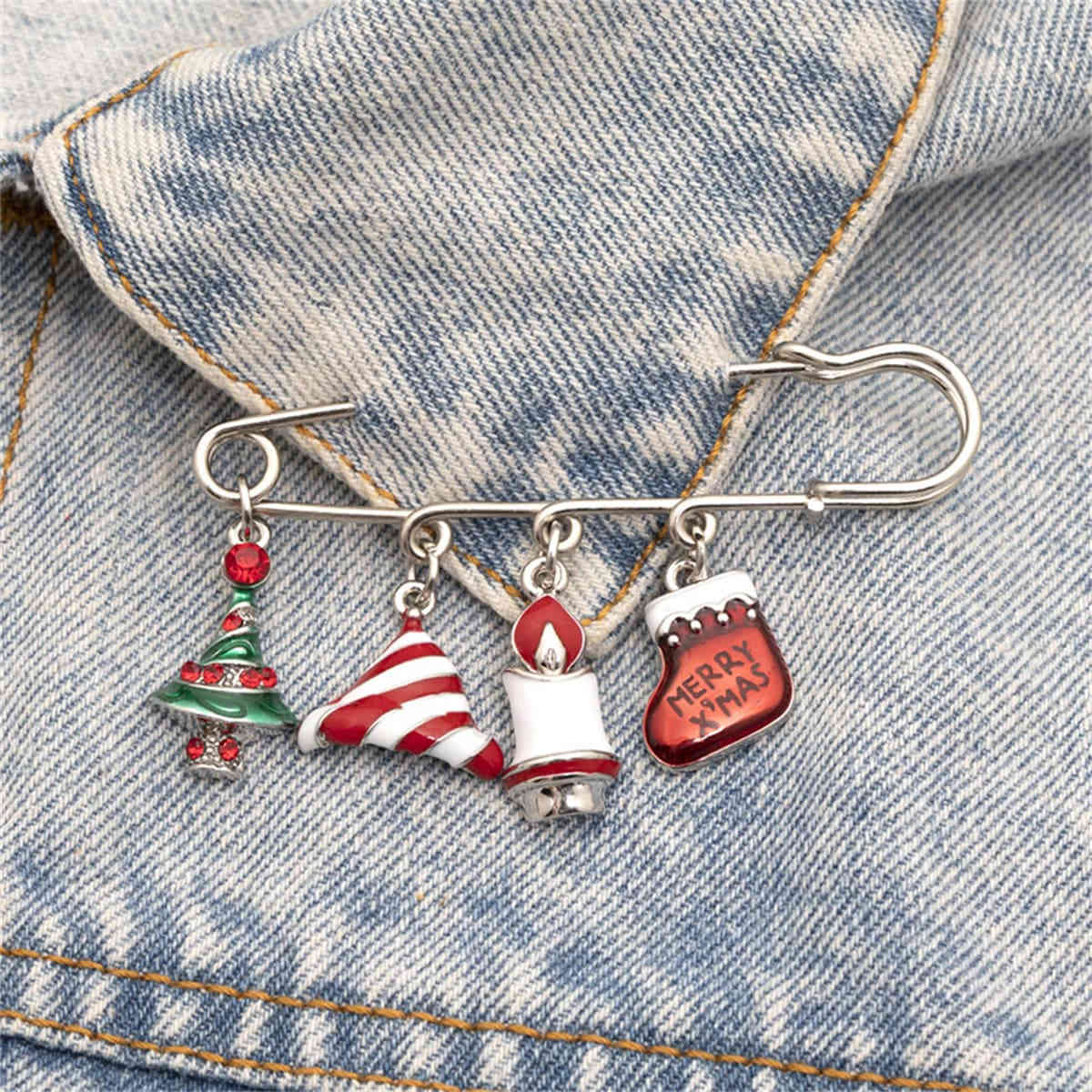 Cubic Zirconia & Silvertone Christmas Charm Brooch