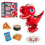 Red robot dino, white remote, and blue, grey and black food.