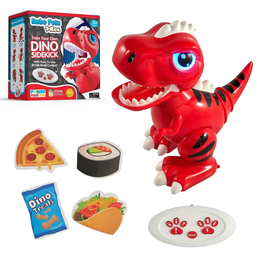 Red robot dino, white remote, and blue, grey and black food.-
