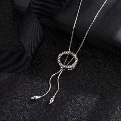 Cubic Zirconia & Silvertone Circle Lariat Necklace