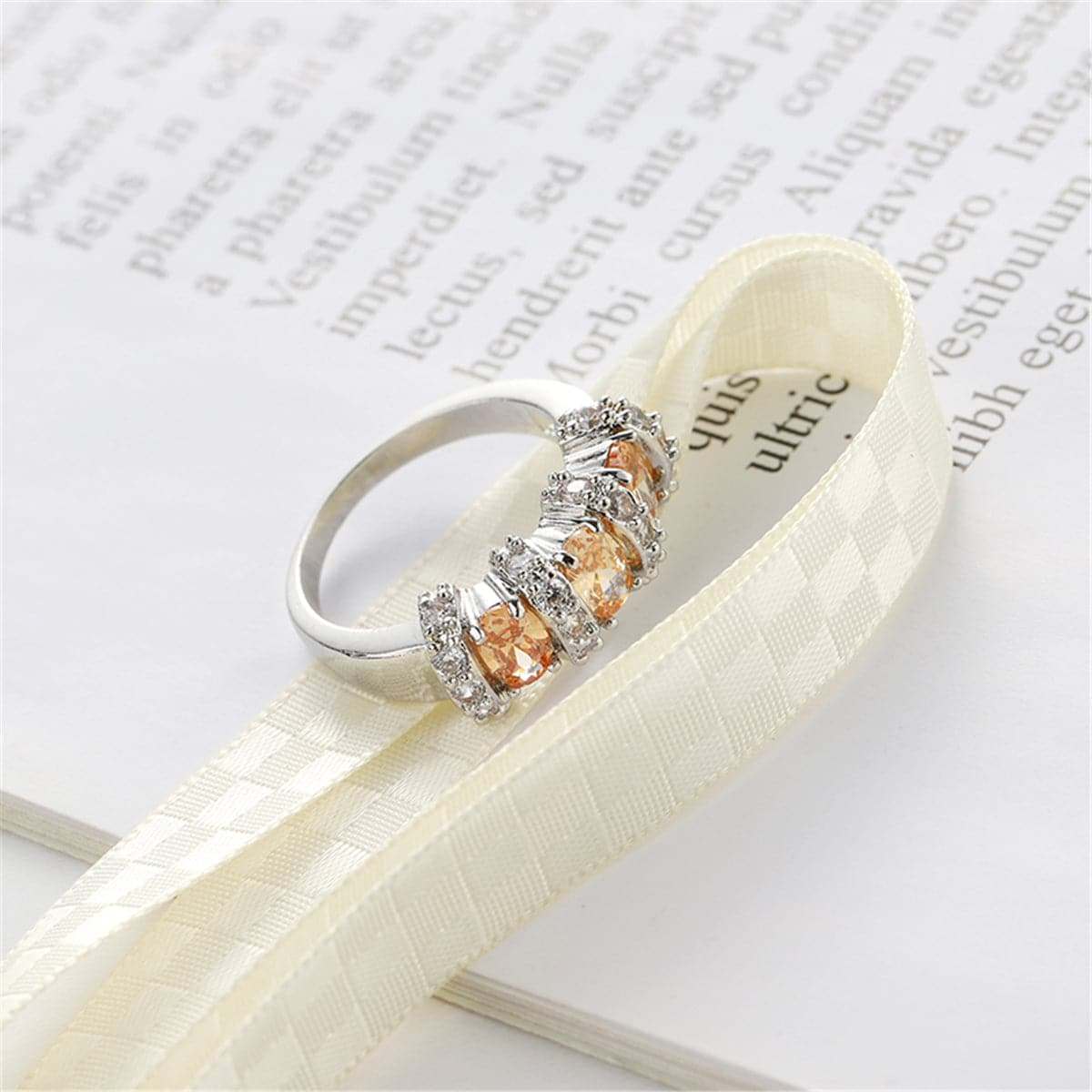 Champagne Cubic Zirconia & Silvertone Triple Oval Ring
