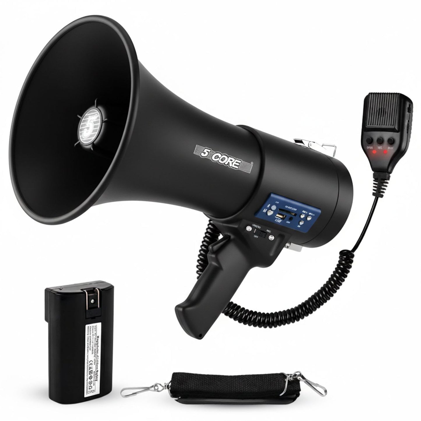 5 Core Megaphone 50W Bluetooth Rechargeable Portable Bullhorn 1100 Yards W Siren - Matte Black