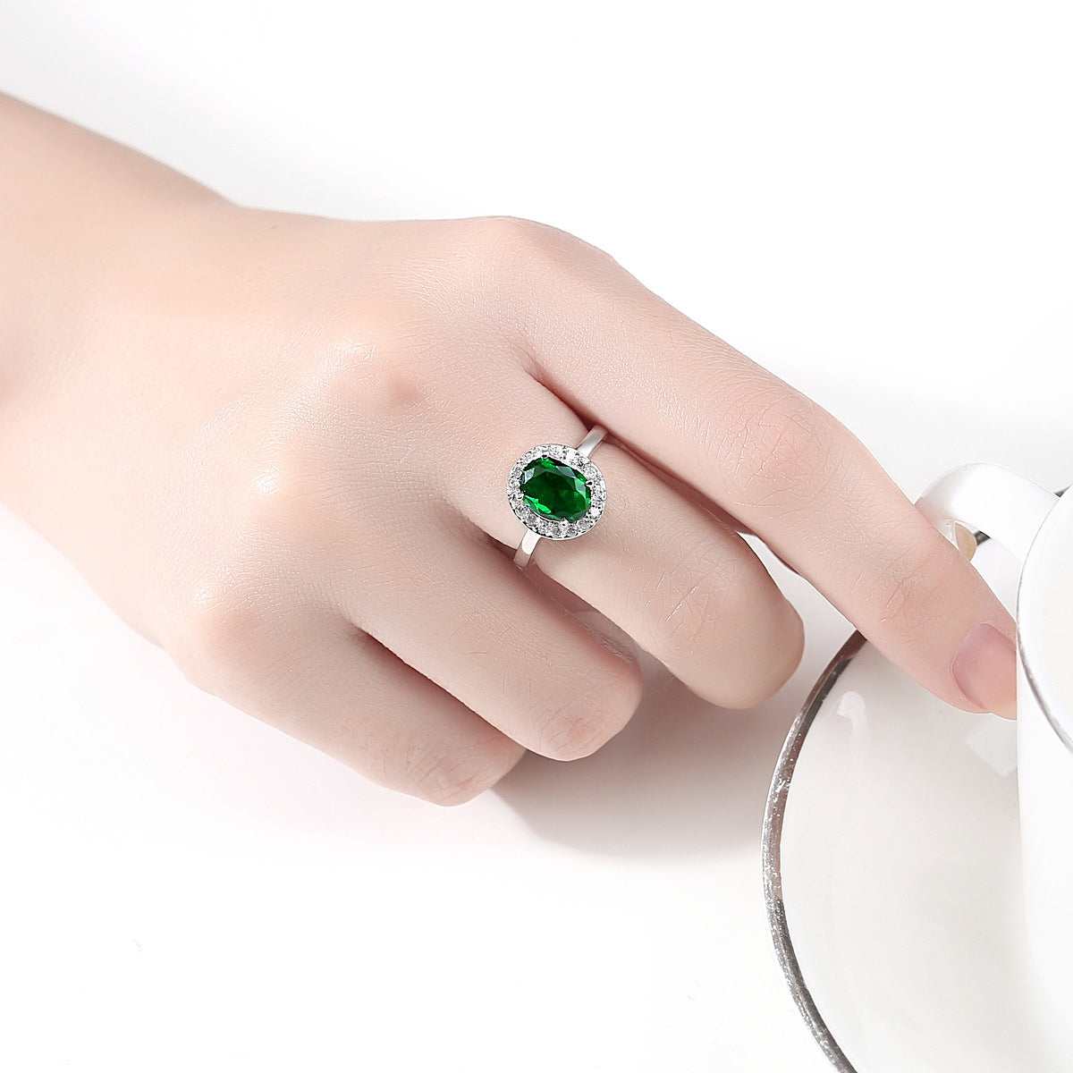 Cubic Zirconia & Green Crystal Halo Oval Ring-1