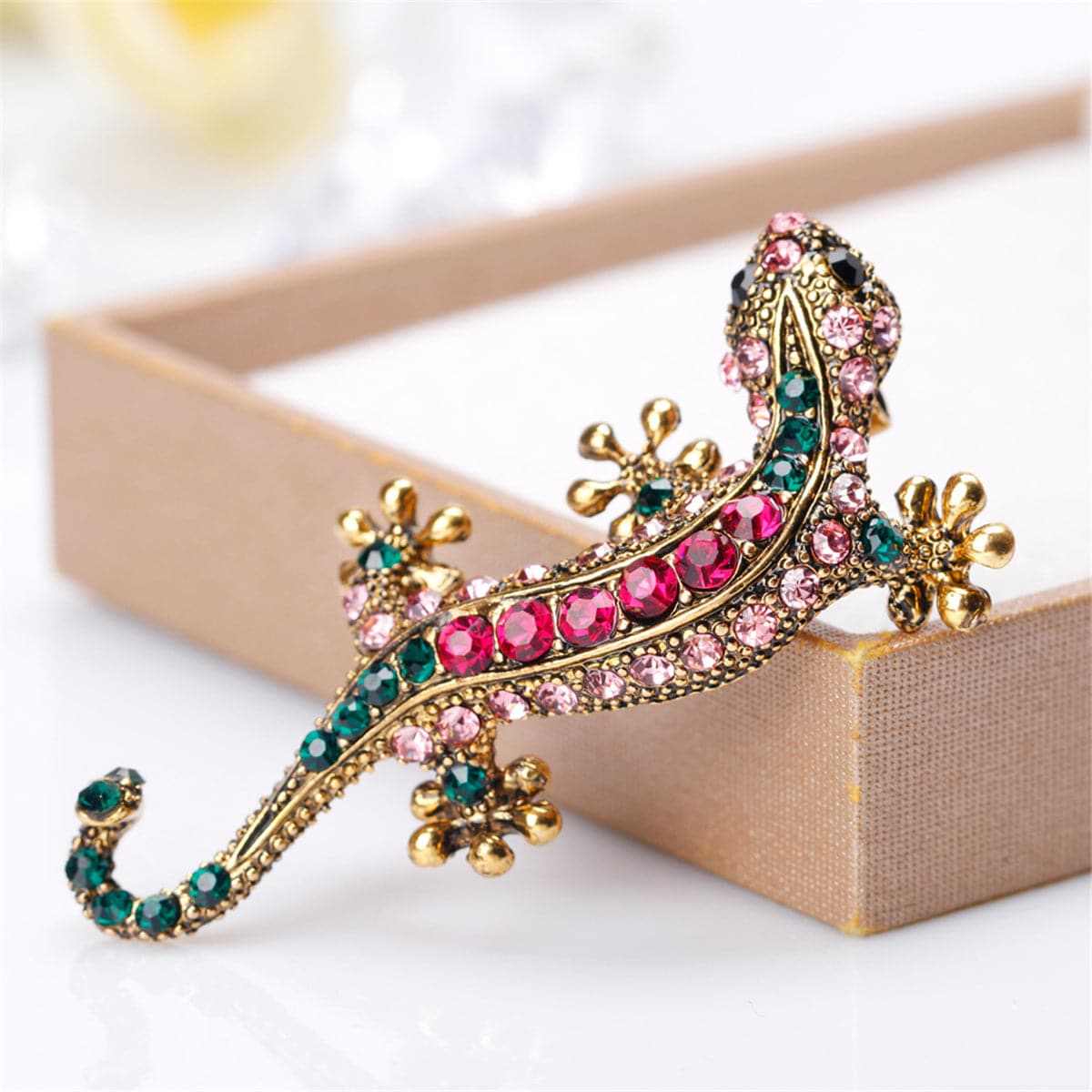 Green & Red Cubic Zirconia Gecco Brooch