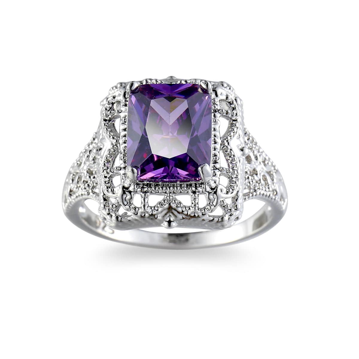Purple Crystal & Silvertone Radiant-Cut Ring-6