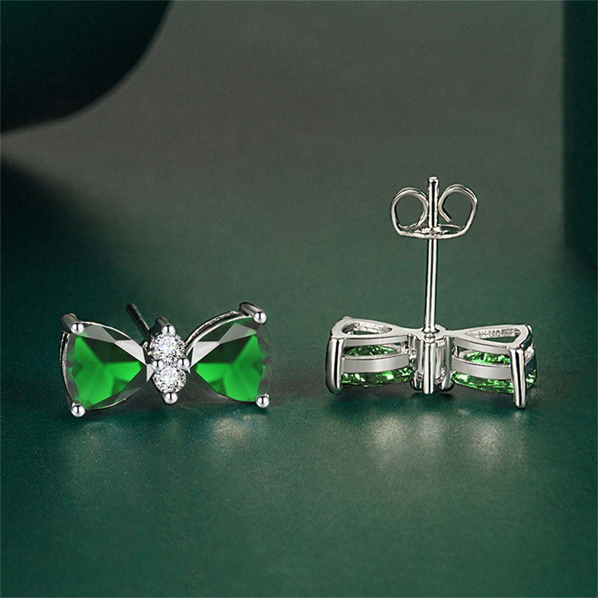 Cubic Zirconia & Green Crystal Bow Stud Earrings