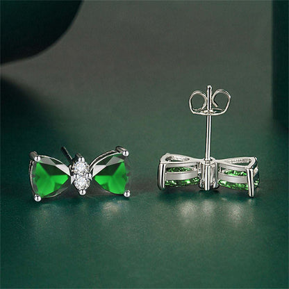 Cubic Zirconia & Green Crystal Bow Stud Earrings