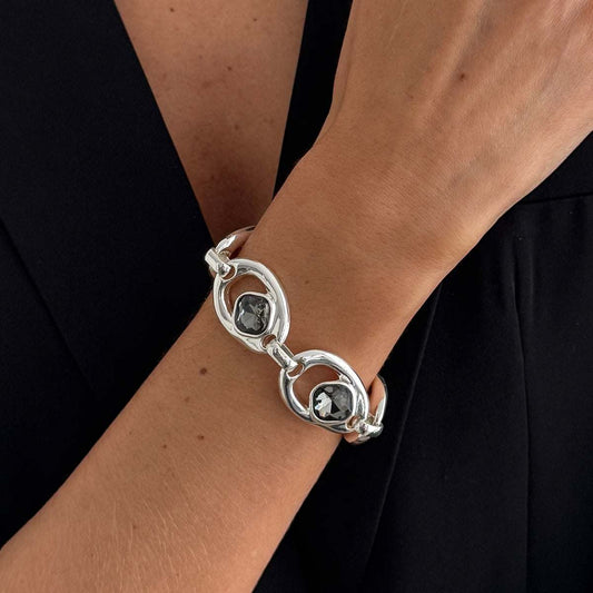 Gray Crystal & Silvertone Oval Charm Station Bracelet