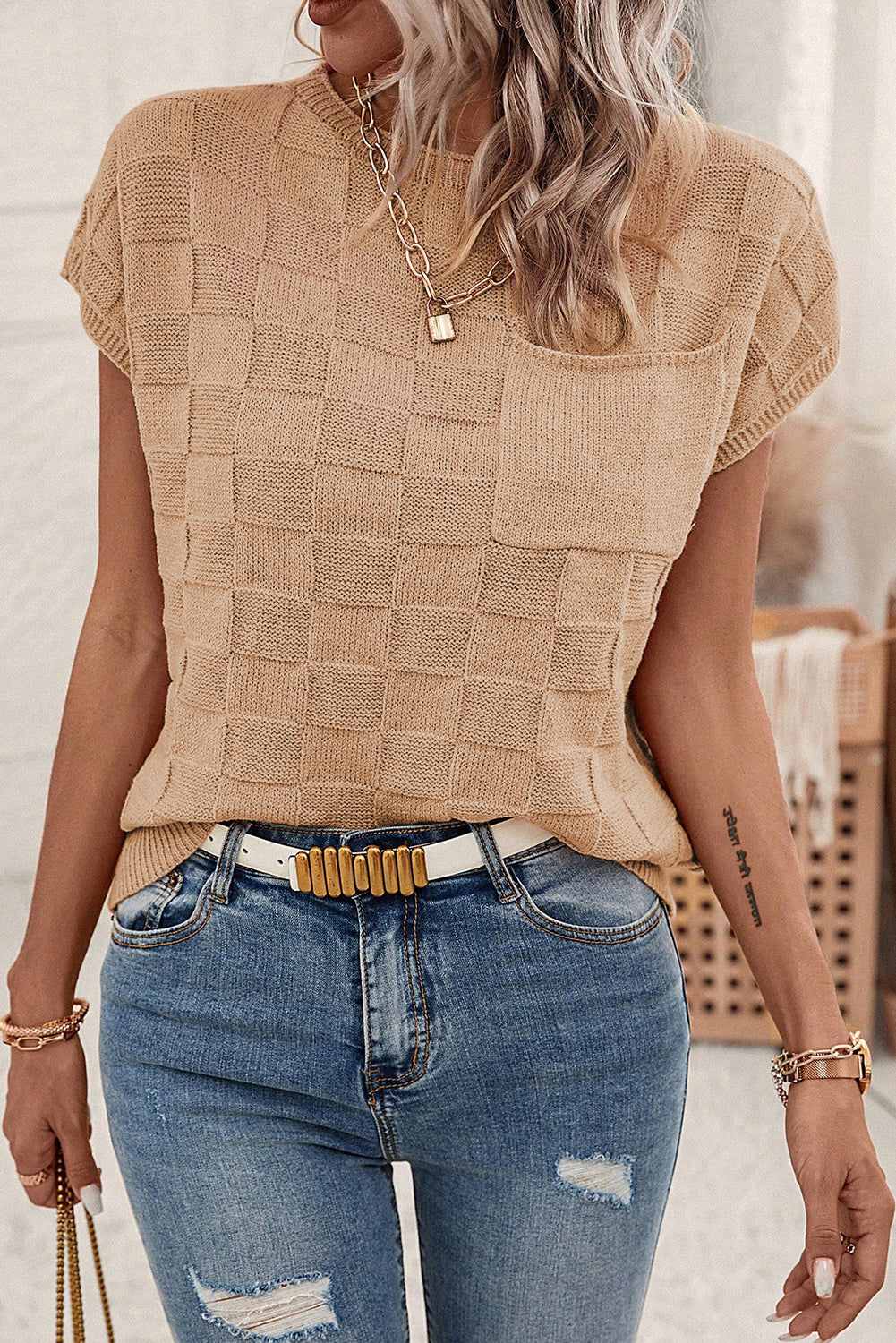 Andrea Lattice Textured Knit Short Sleeve Sweater - Dusty Pink / S - 4/6