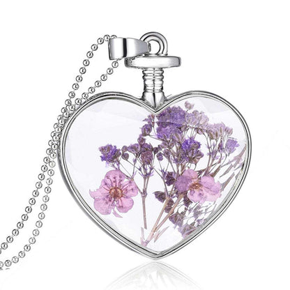 Purple Pressed Peach Blossom & Silvertone Heart Pendant Necklace