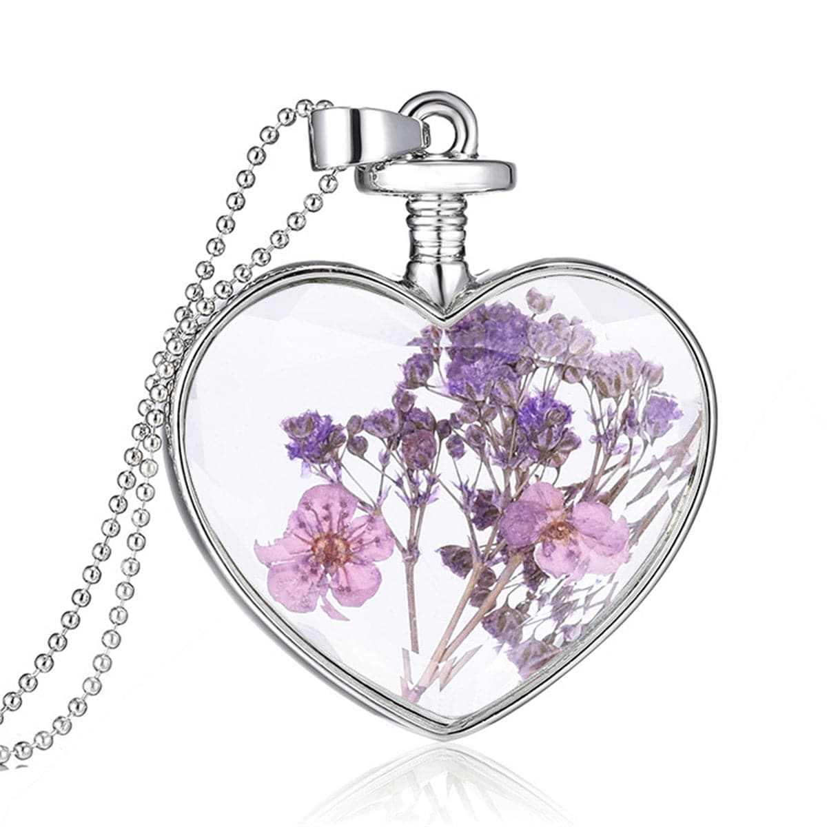 Purple Pressed Peach Blossom & Silvertone Heart Pendant Necklace