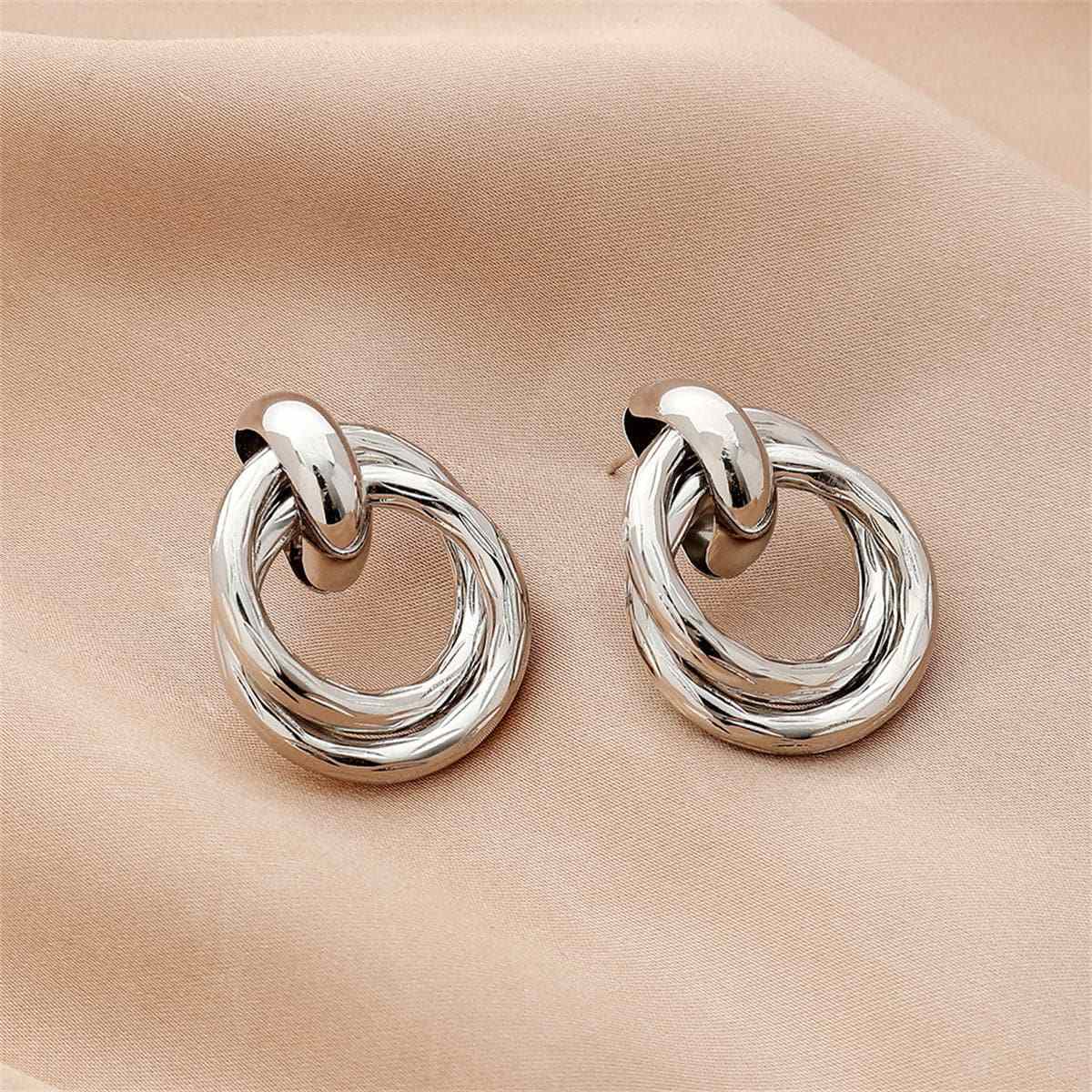Silvertone Double Circle Interlocked Stud Earrings
