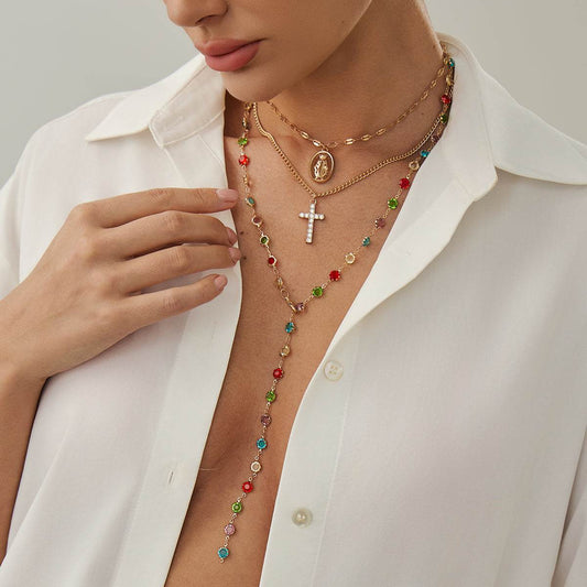 Multi-Colored Crystal & Cubic Zirconia Goldtone Cross Pendant Y-Necklace Set