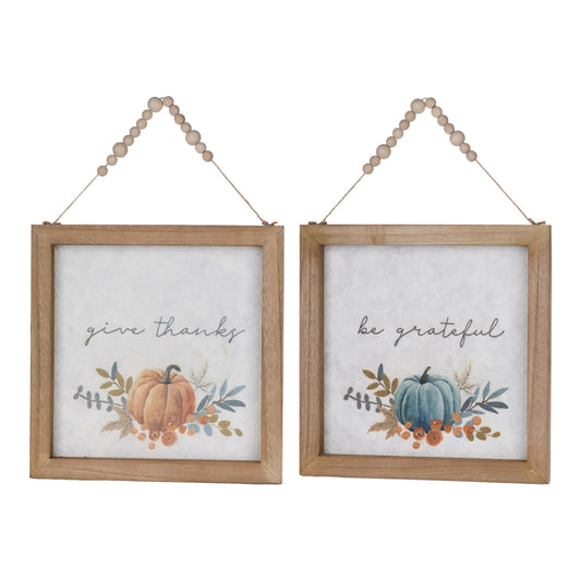 Melrose International Wood Beaded Hanging Harvest Grateful Thankful Sentiment (Set of 2)