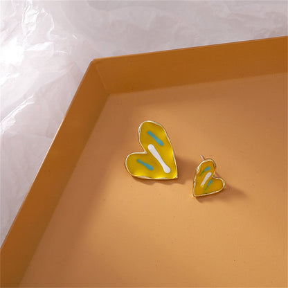 Yellow Enamel & Goldtone Asymmetric Heart Stud Earrings