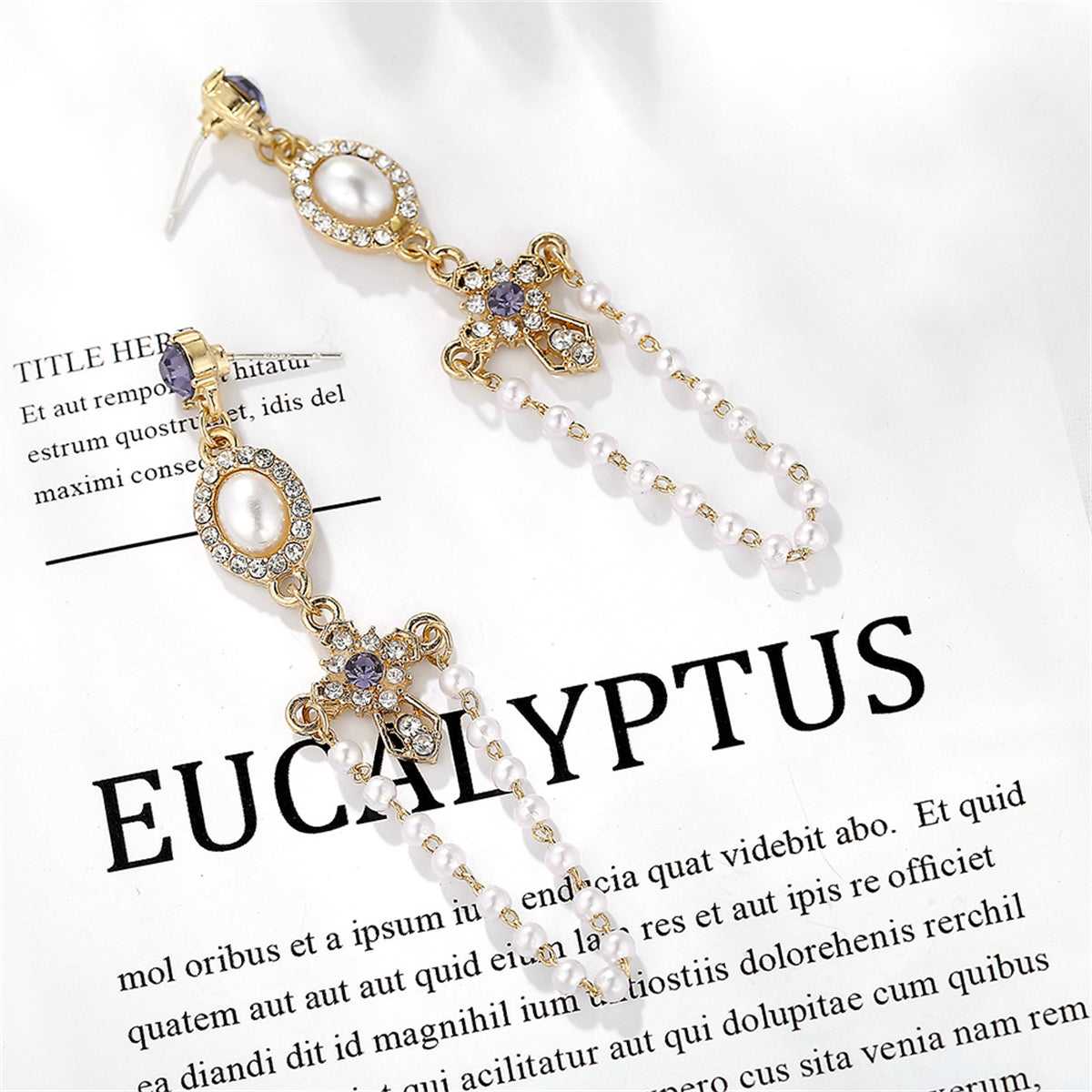 Pearl & Blue Cubic Zirconia Goldtone Cross Chain Drop Earrings