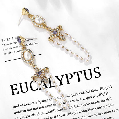 Pearl & Blue Cubic Zirconia Goldtone Cross Chain Drop Earrings