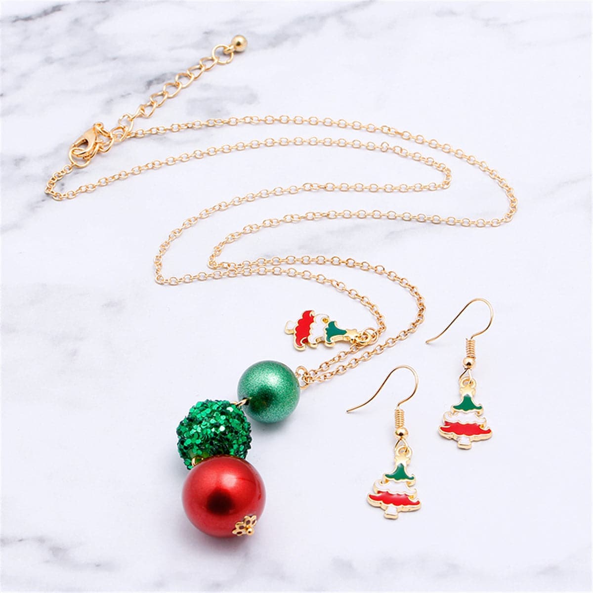 Red Enamel & Goldtone Christmas Tree Drop Earrings & Beaded Pendant Necklace Set
