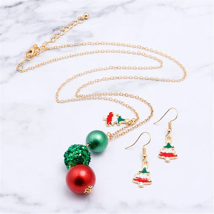 Red Enamel & Goldtone Christmas Tree Drop Earrings & Beaded Pendant Necklace Set