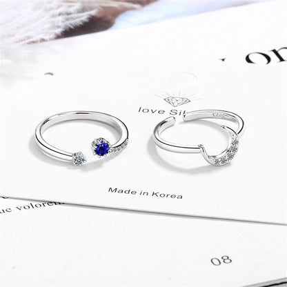 Blue Crystal & Cubic Zirconia Moon Open Ring Set